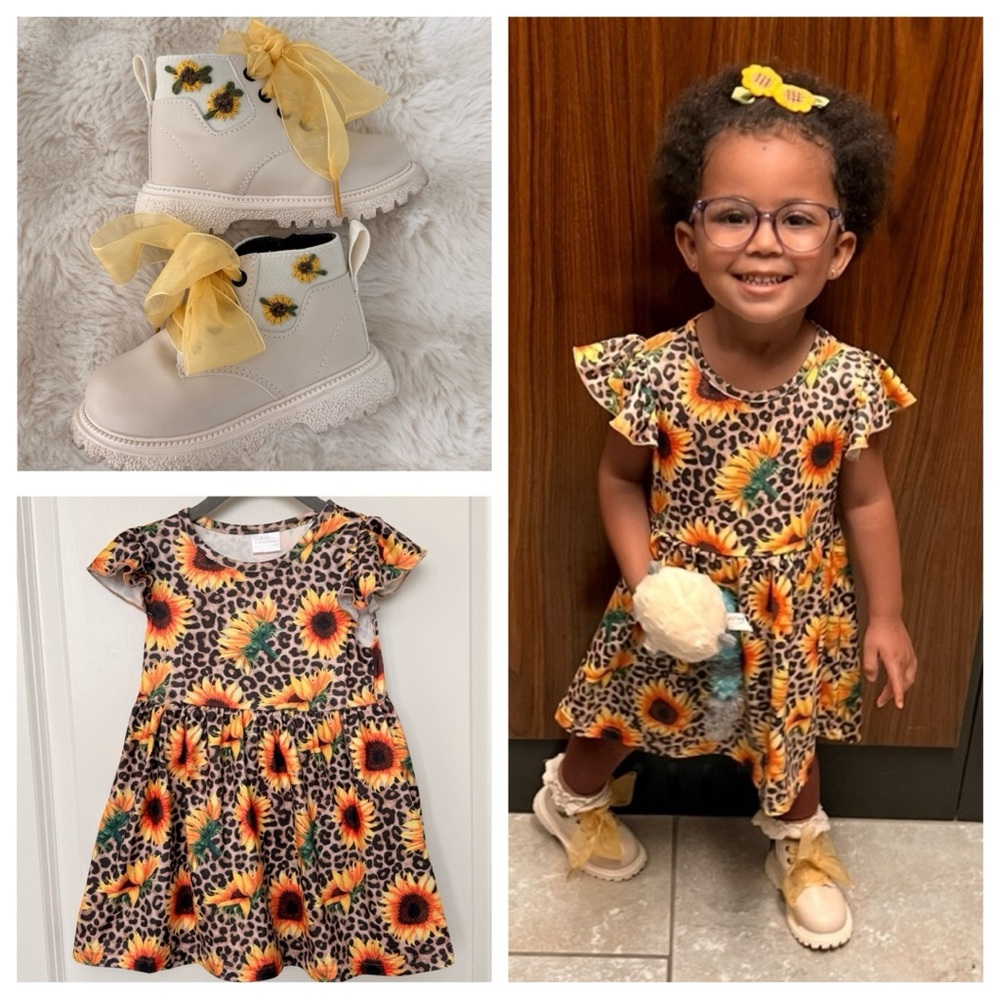 2-3T Floral Sunflower Dress and matching Hand Embroidered Boots sz 6.5 SET